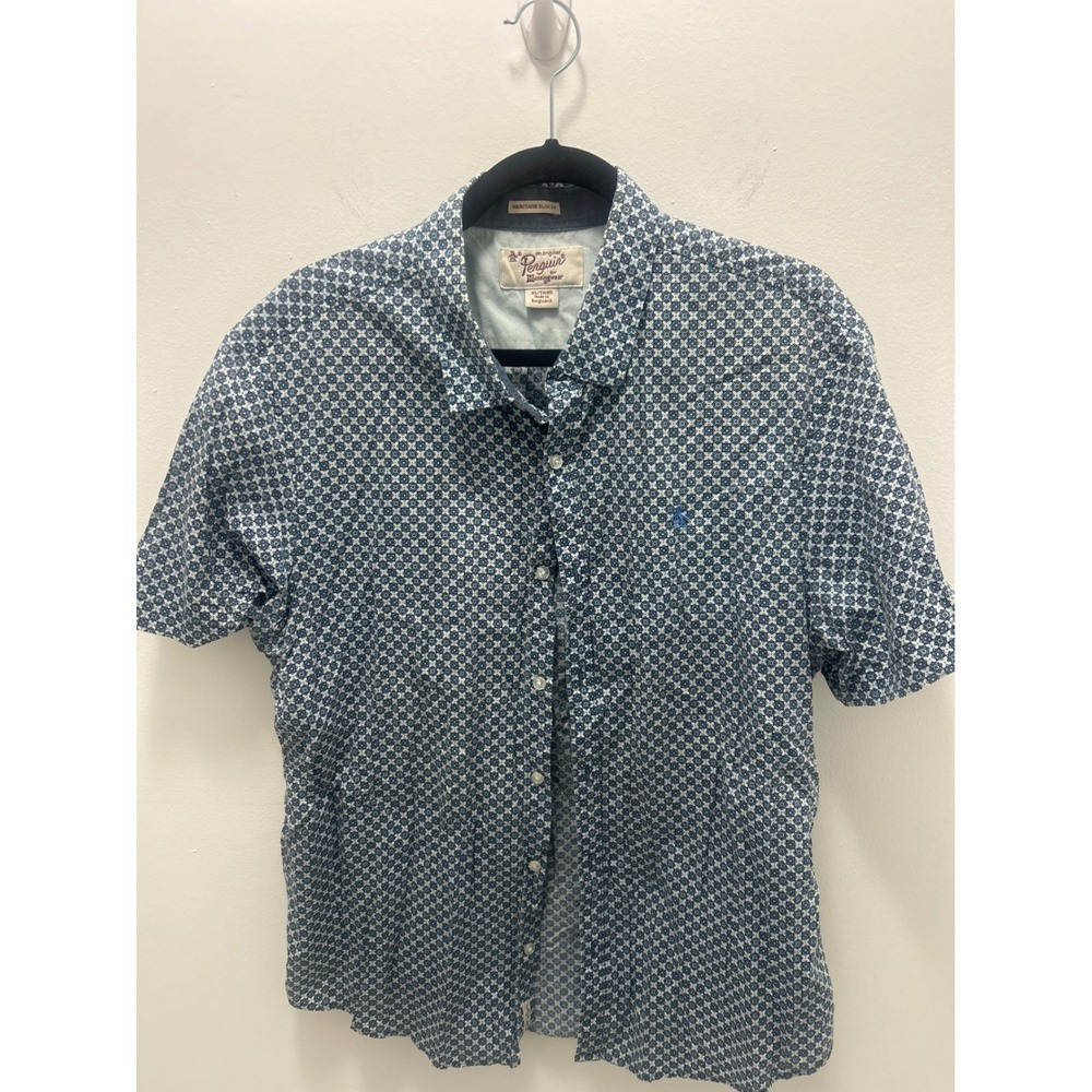 Original Penguin Mens Heritage Slim Fit Short Sleeve Button Down Shirt Blue XL